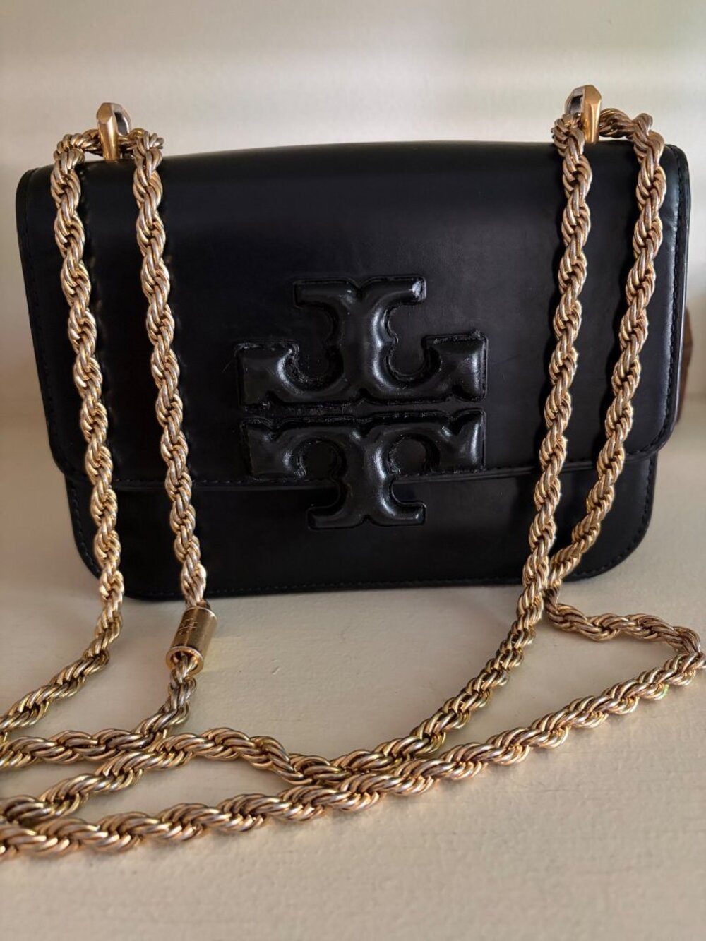 Tory Burch Black Leather Huge "T" Logo Eleanor Shoulder Crossbody Bag Gold Chain